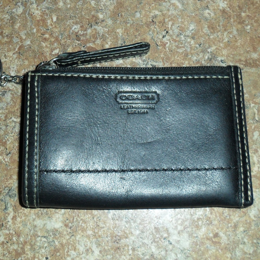 Coach Keyring Coin Card Wallet Black Leather EUC!